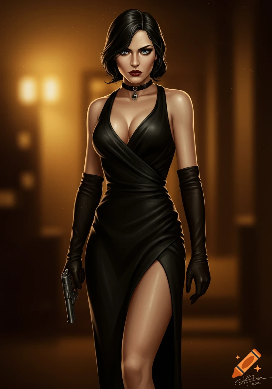 A female spy in a black dress holding a gun.