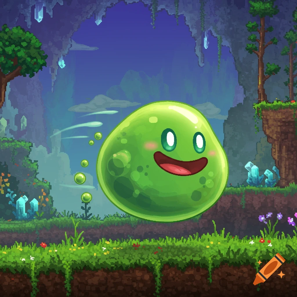 A green slime character in a pixel art fantasy world