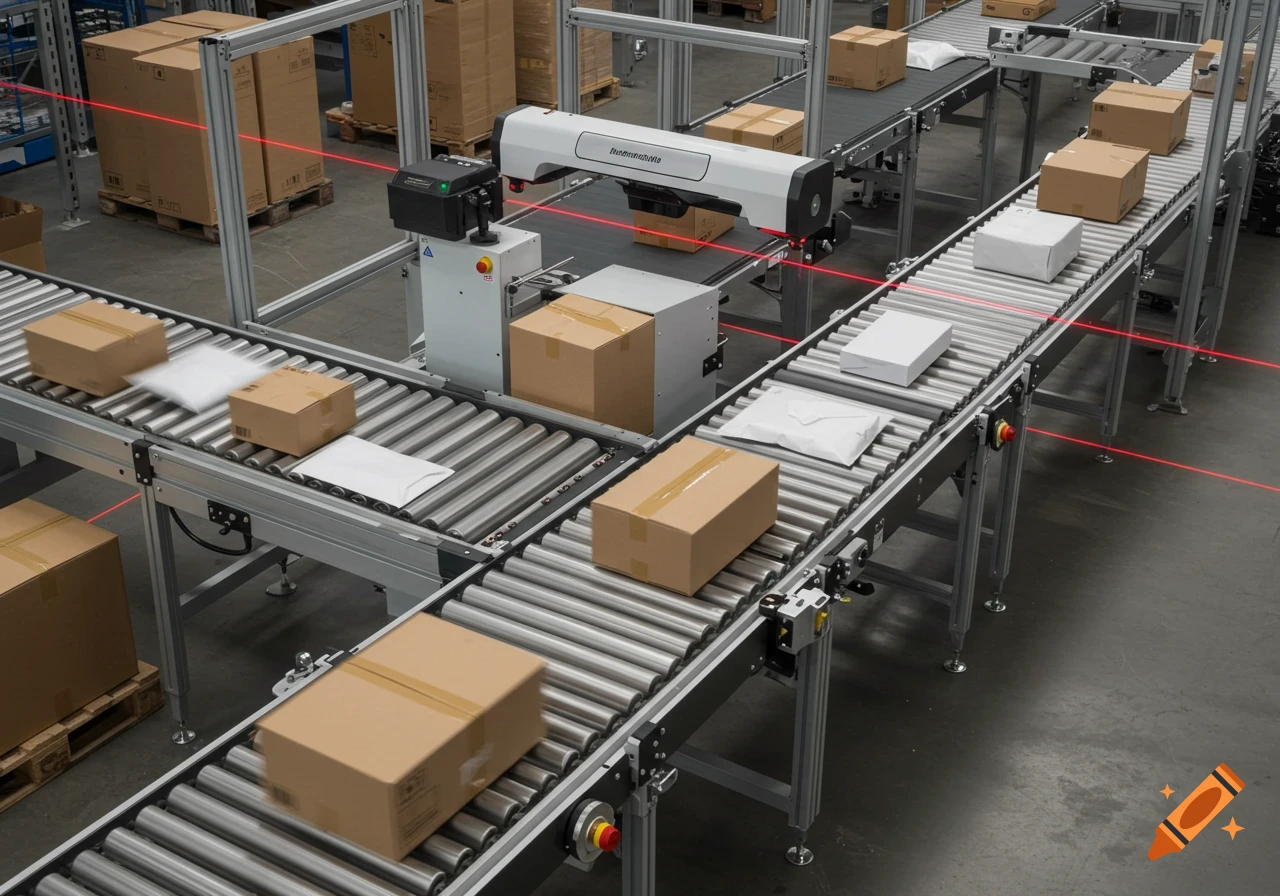 Conveyor belt system in a warehouse with packages being scanned by a laser above.