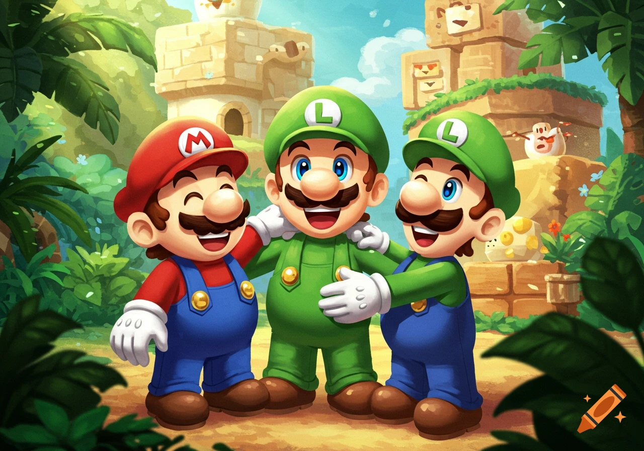 Three cartoon plumber brothers, one in red with an M hat and two in green with L hats, stand together smiling in a jungle scene.