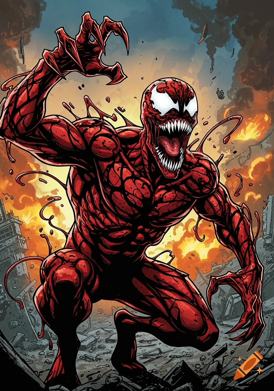 Comic book style depiction of Carnage screaming amidst a destroyed city.
