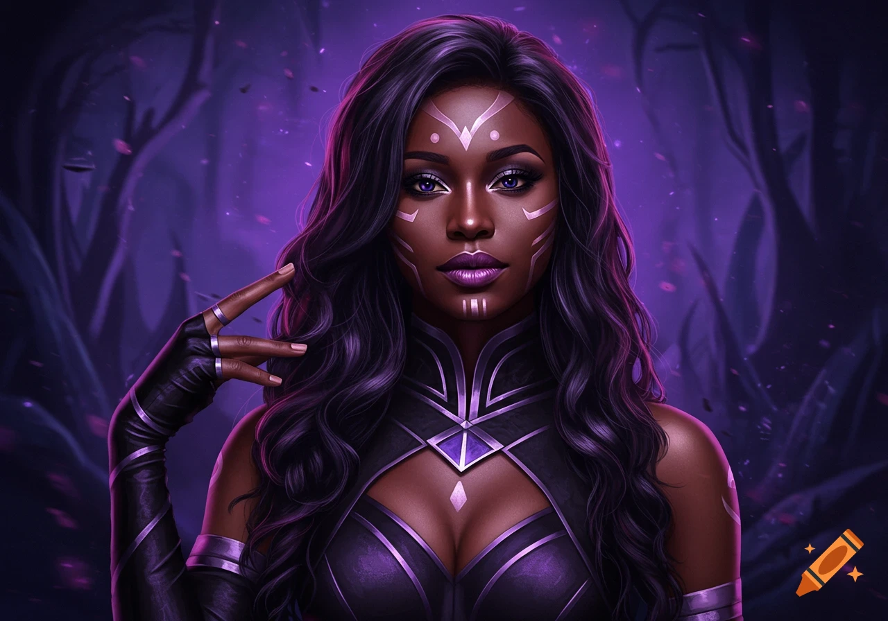 A woman with dark skin and purple markings, wearing a dark fantasy costume in a purple forest.