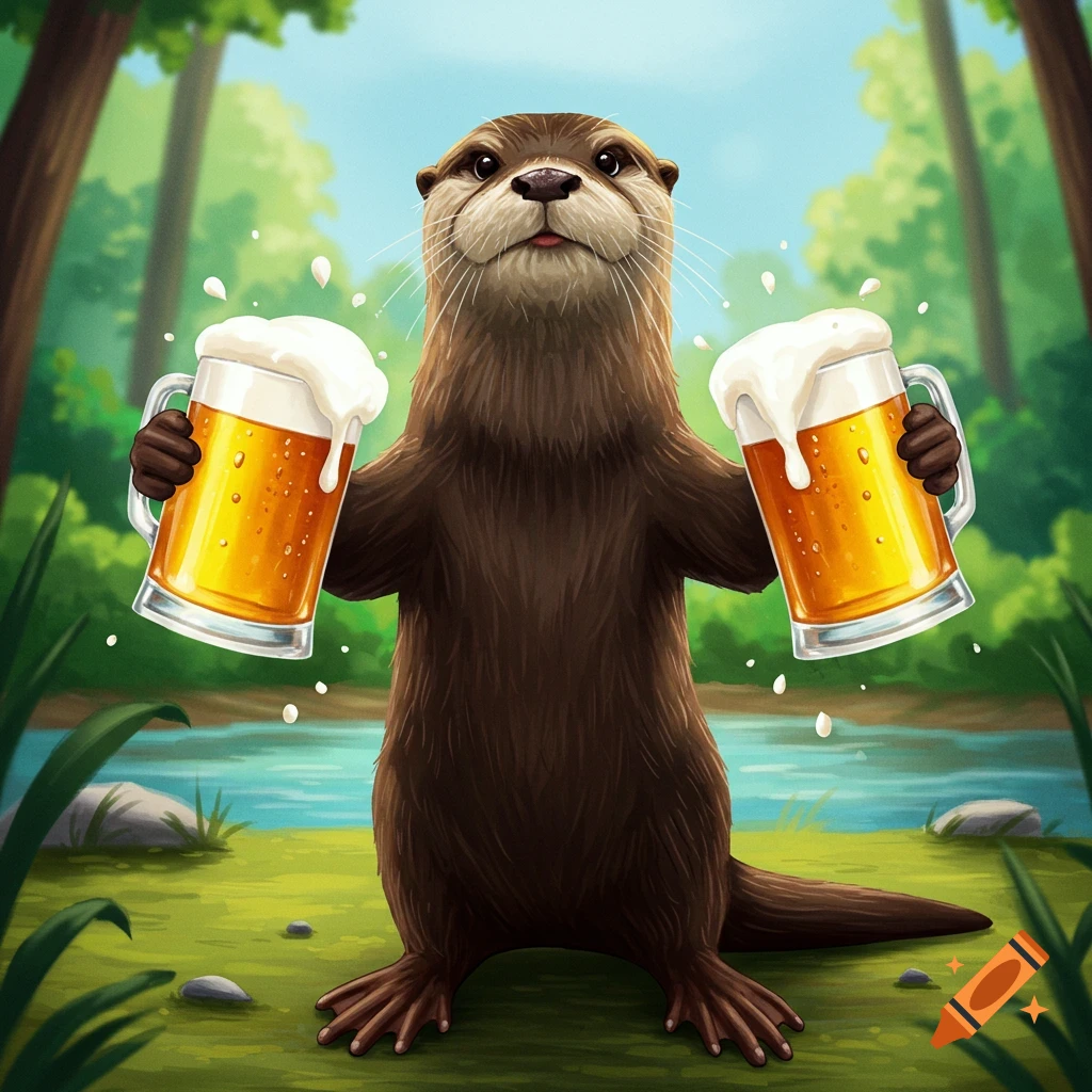An otter holds two mugs of beer in a forest.