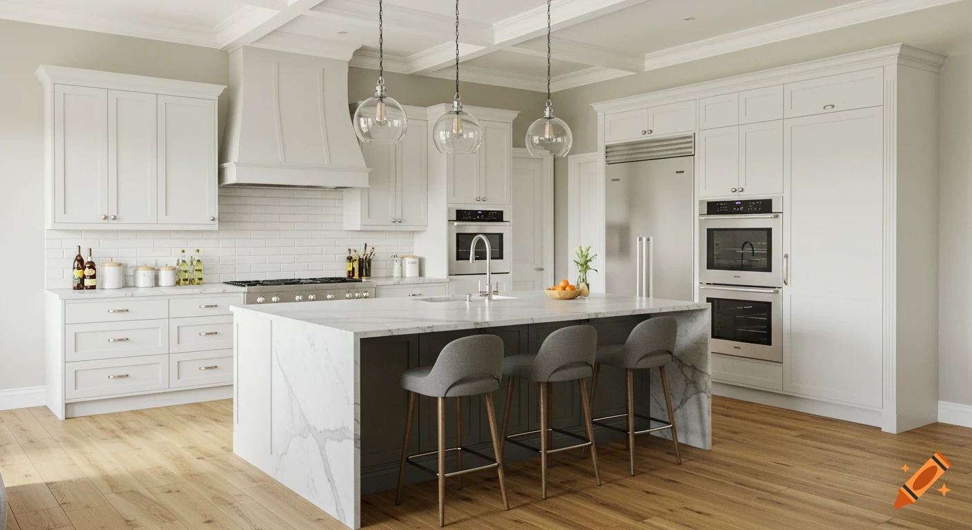 Photorealistic rendering of a modern white kitchen with a marble waterfall island, bar stools, stainless steel appliances, and wood floors.