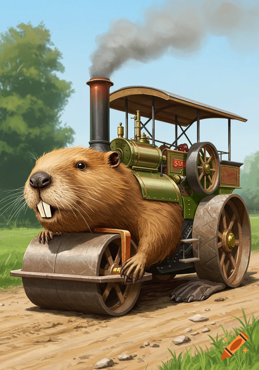 A cartoon beaver driving a vintage steamroller down a dirt path in a field.