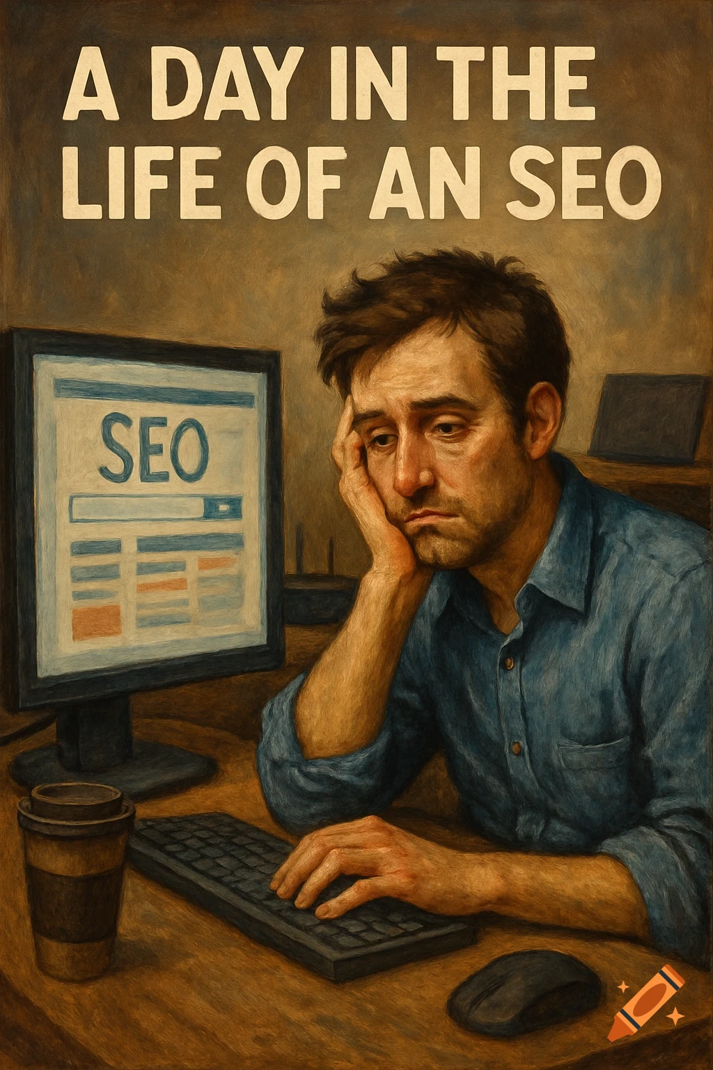 A man working at a desk with a computer looks tired, text reads 'A Day in the Life of an SEO'