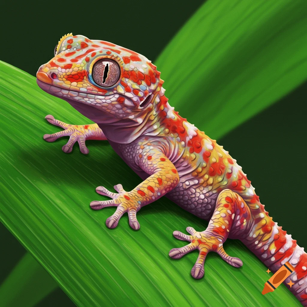 A close-up of a brightly colored gecko on a green leaf.