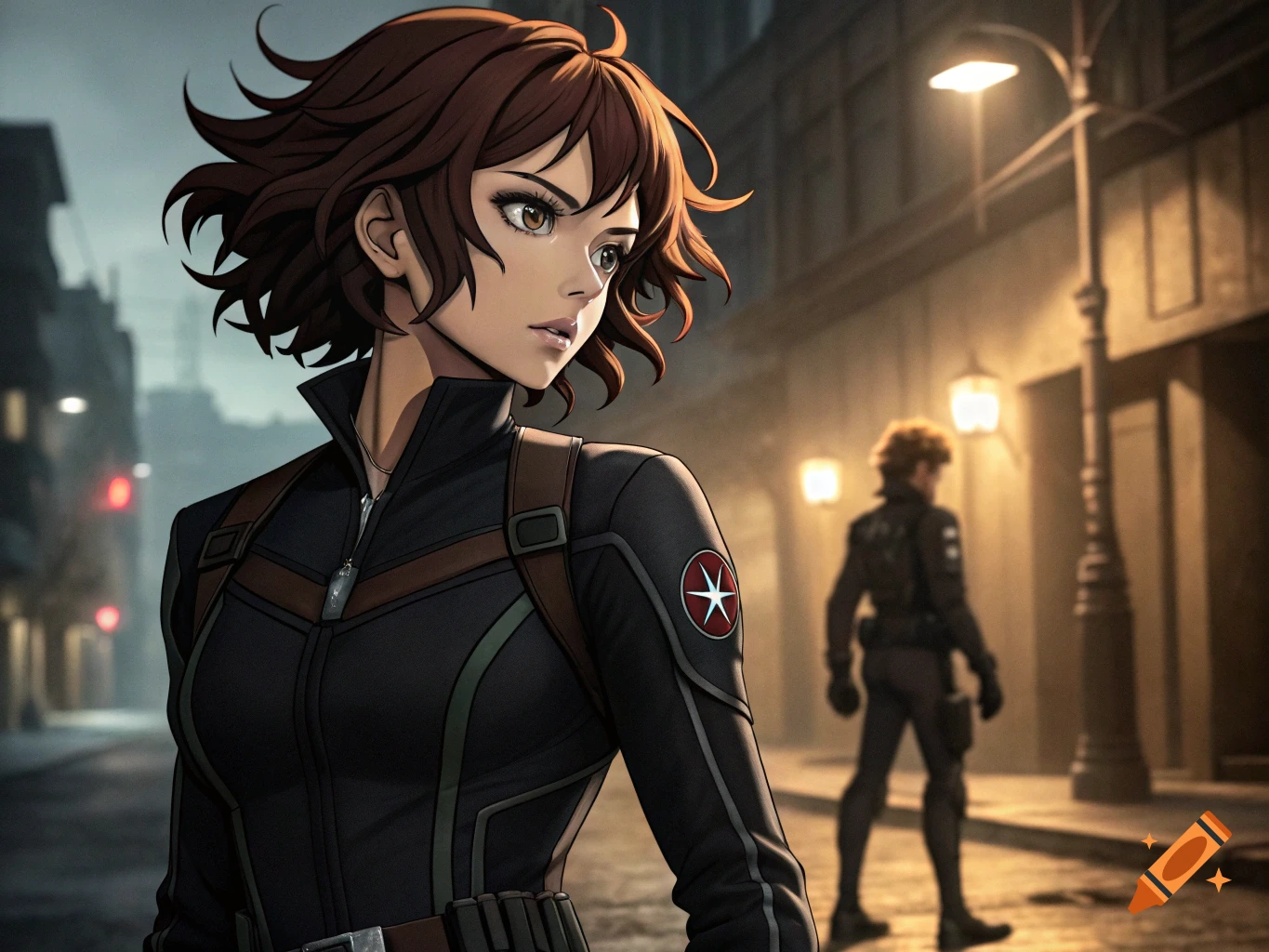 Anime character in black tactical suit standing on a city street