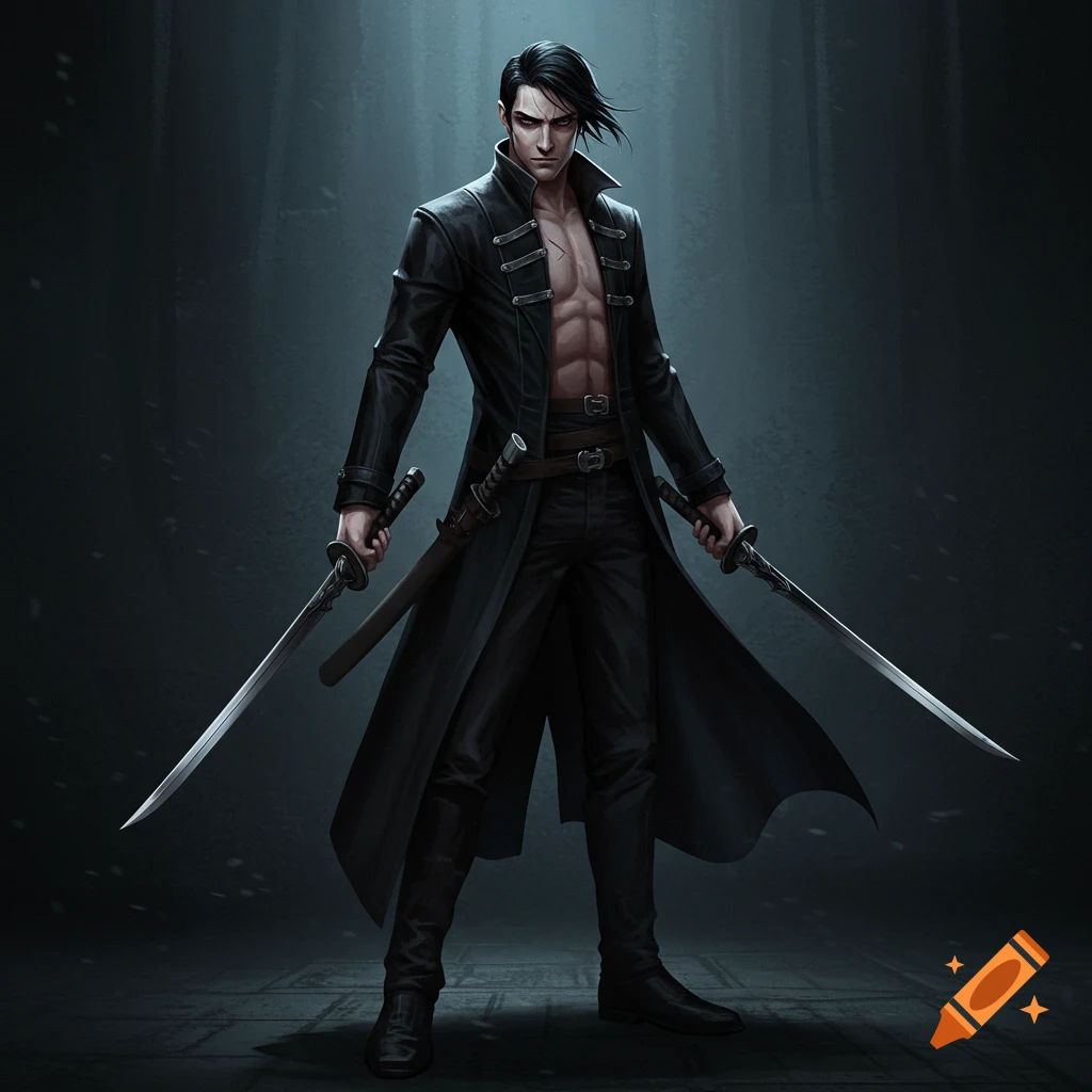 A dark-haired man in a black coat holding two swords.