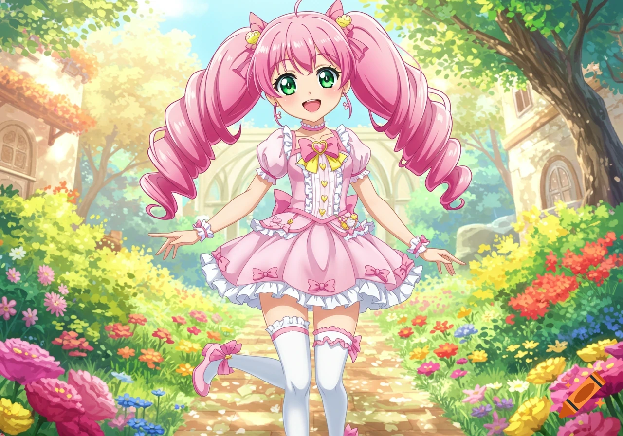 An anime girl with pink hair and a frilly pink dress stands in a bright, flowery garden.