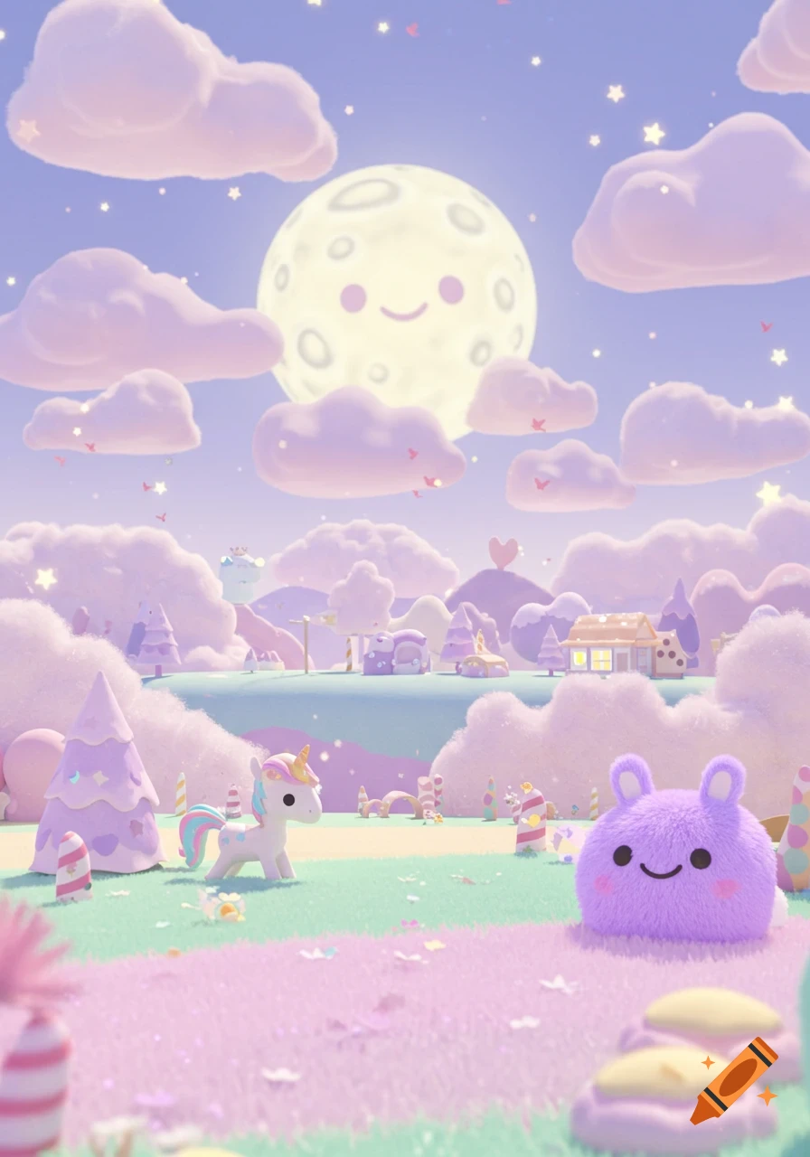 Dreamy pastel landscape with smiling moon, unicorn, and purple creature in a village, 3D illustration.