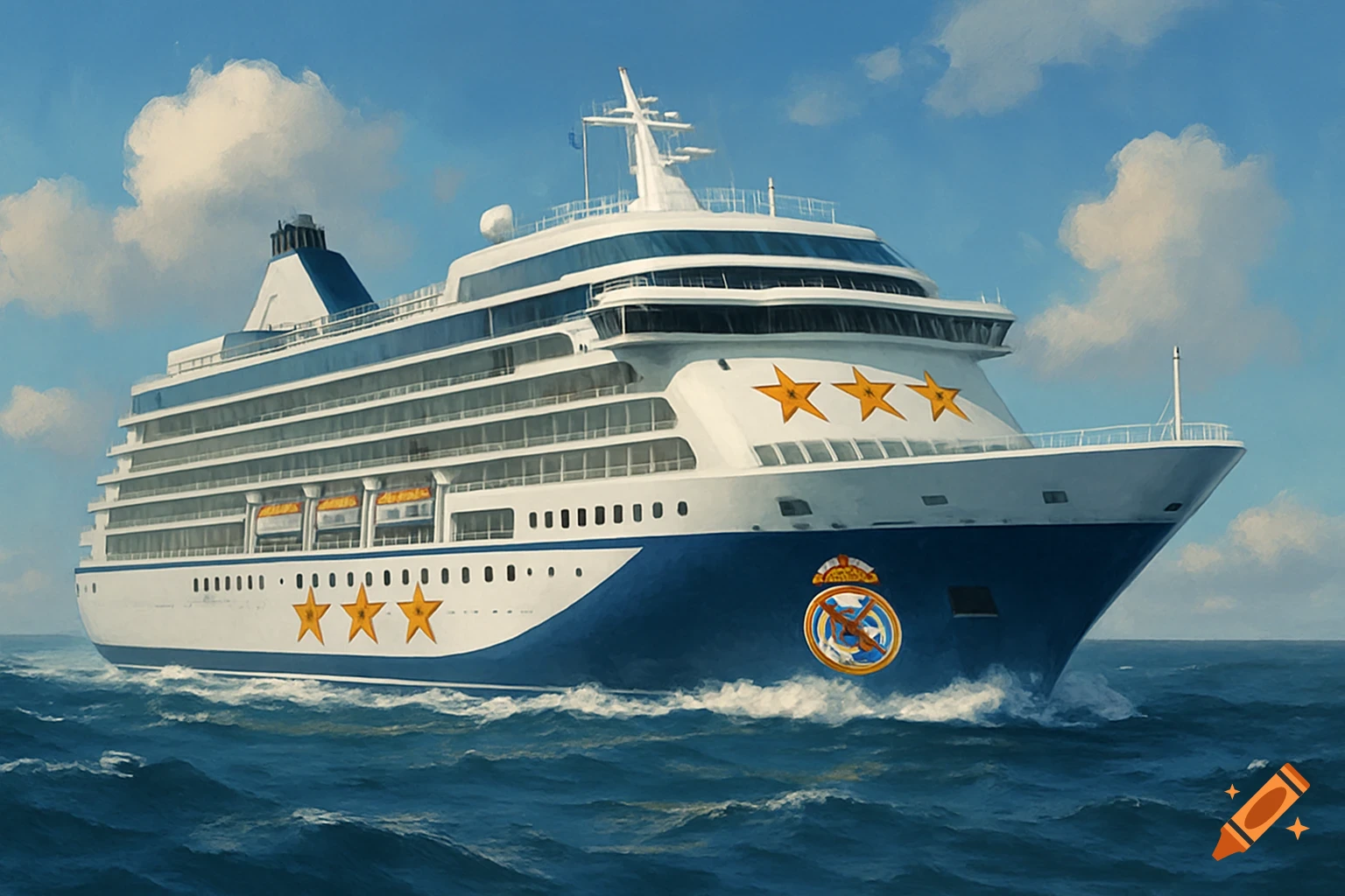 A modern cruise ship at sea with a Real Madrid logo and stars.