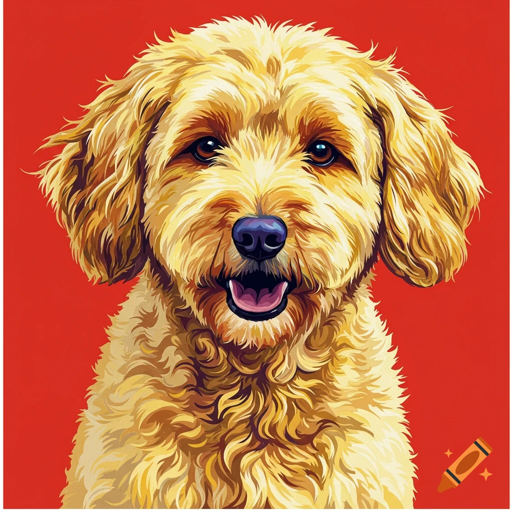 Pop art style close-up portrait of a golden Labradoodle on a red background.