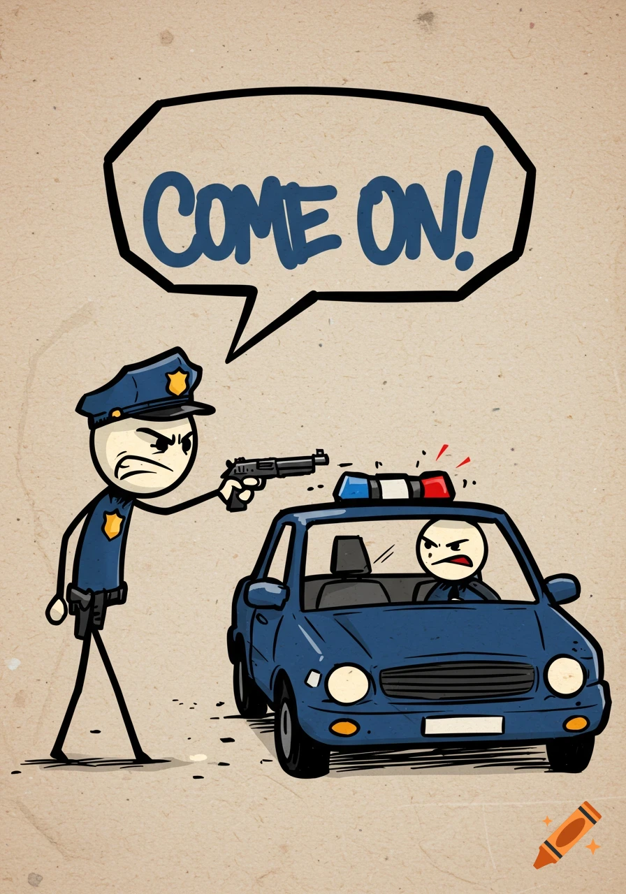Cartoon stick figure cop points a gun at a stick figure in a car, with a speech bubble saying "COME ON!"