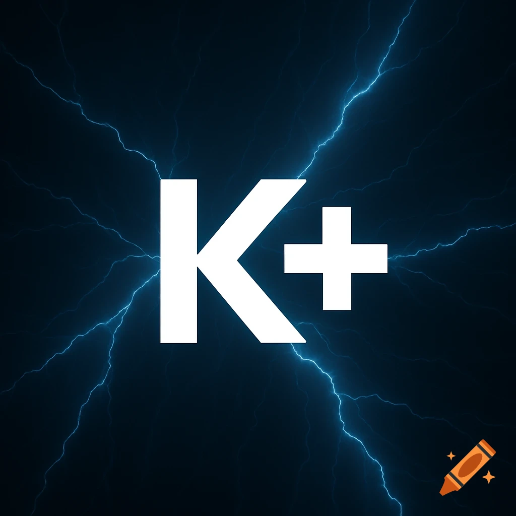 White K plus symbol with blue lightning on a dark background.