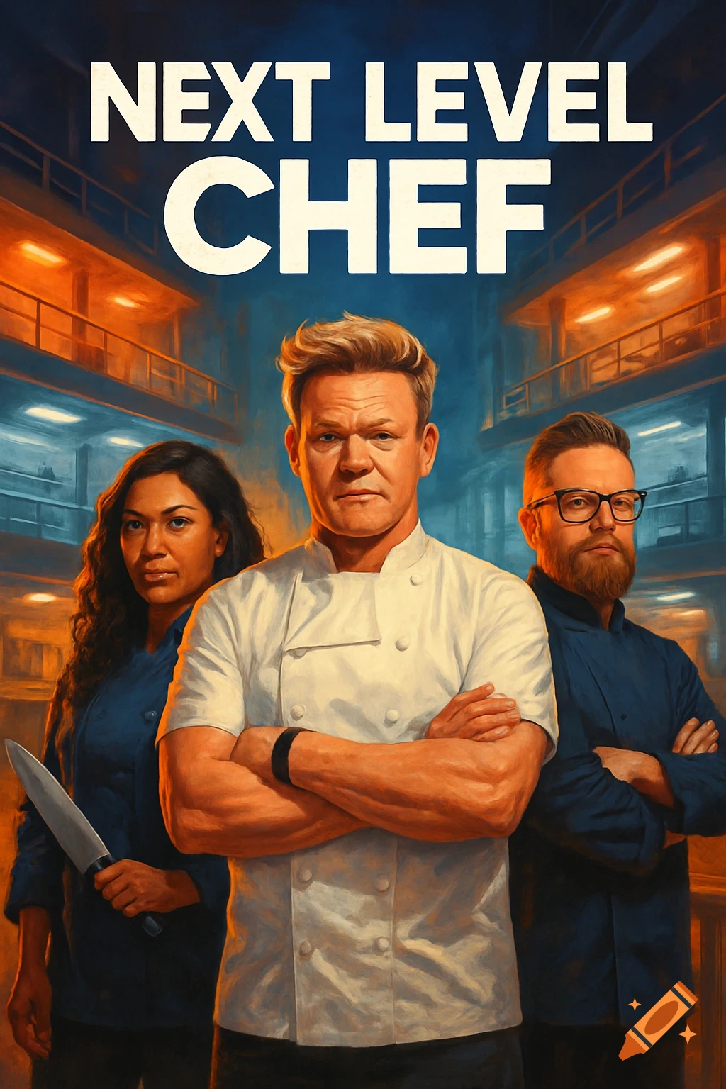 Image of three chefs, including Gordon Ramsay, standing in a kitchen studio beneath the title NEXT LEVEL CHEF.