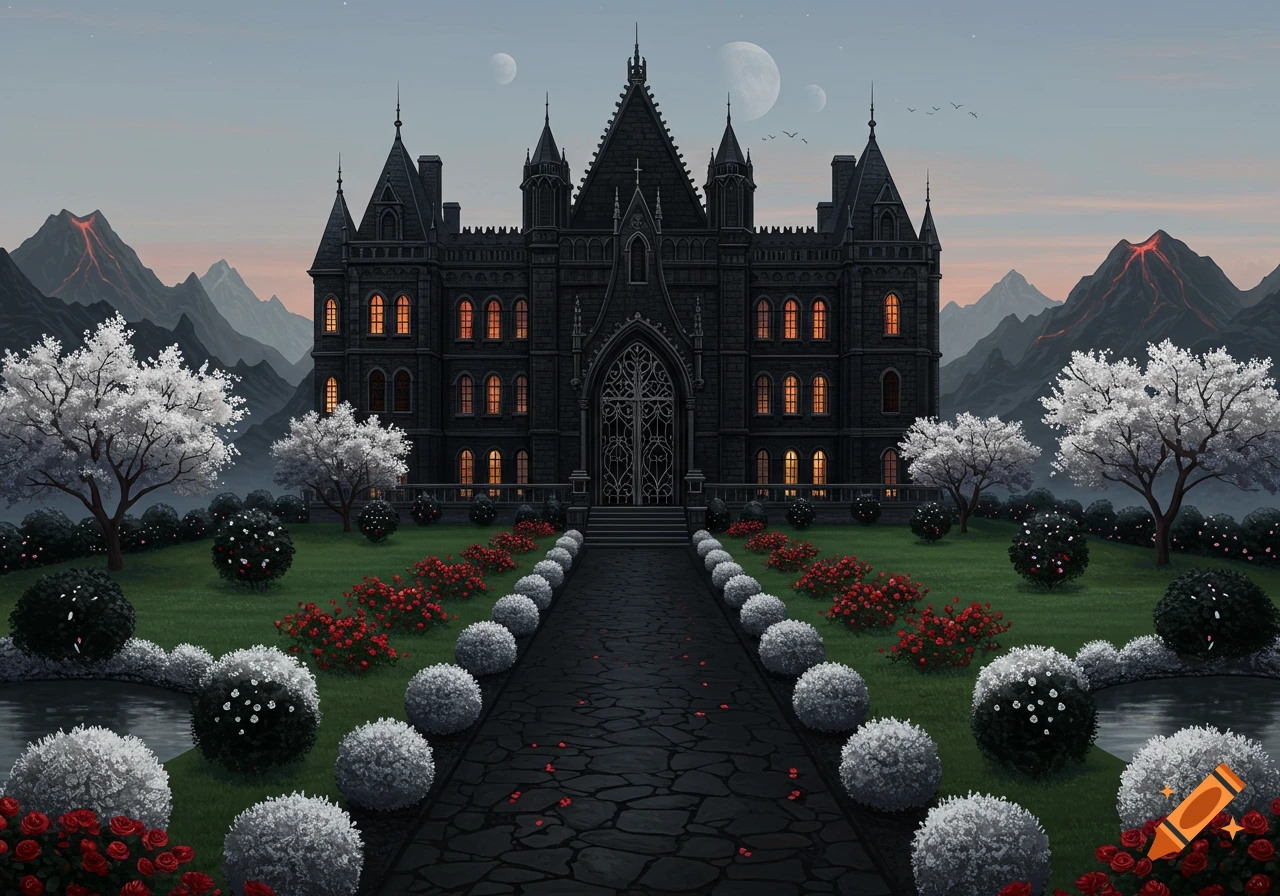 A dark gothic castle with glowing windows, path, garden, volcanoes, and ...