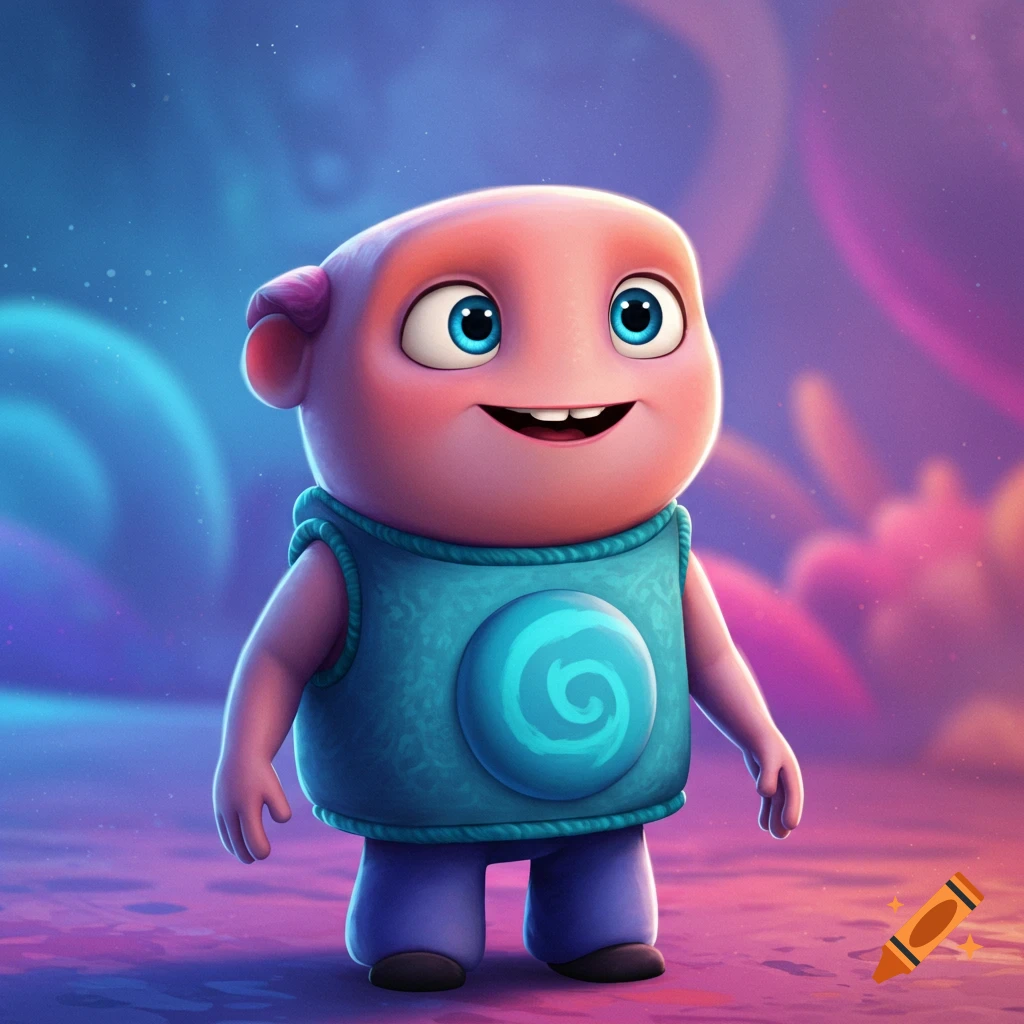 A pink cartoon alien character in a blue vest stands in a fantasy landscape.