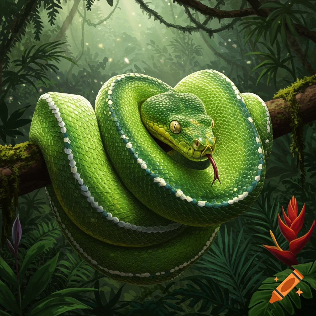 A green snake is coiled on a branch in a jungle.