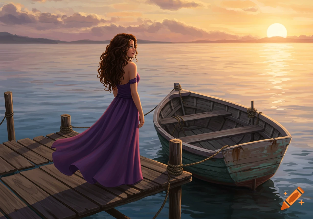 A woman in a purple dress stands on a dock by a boat at sunset.