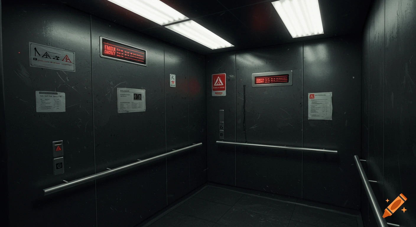 Dark, gritty interior of a mysterious elevator with deep shadows and signs, in a cinematic style.