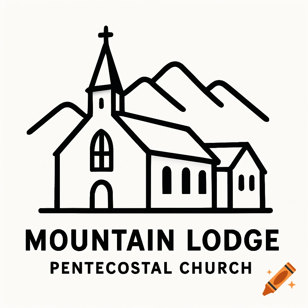 Black and white line art logo of a church with mountains and text below.