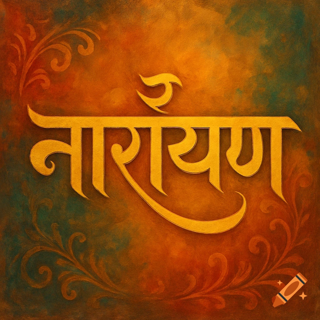 Gold Hindi calligraphy spelling 'Narayan' on a textured orange and green background.