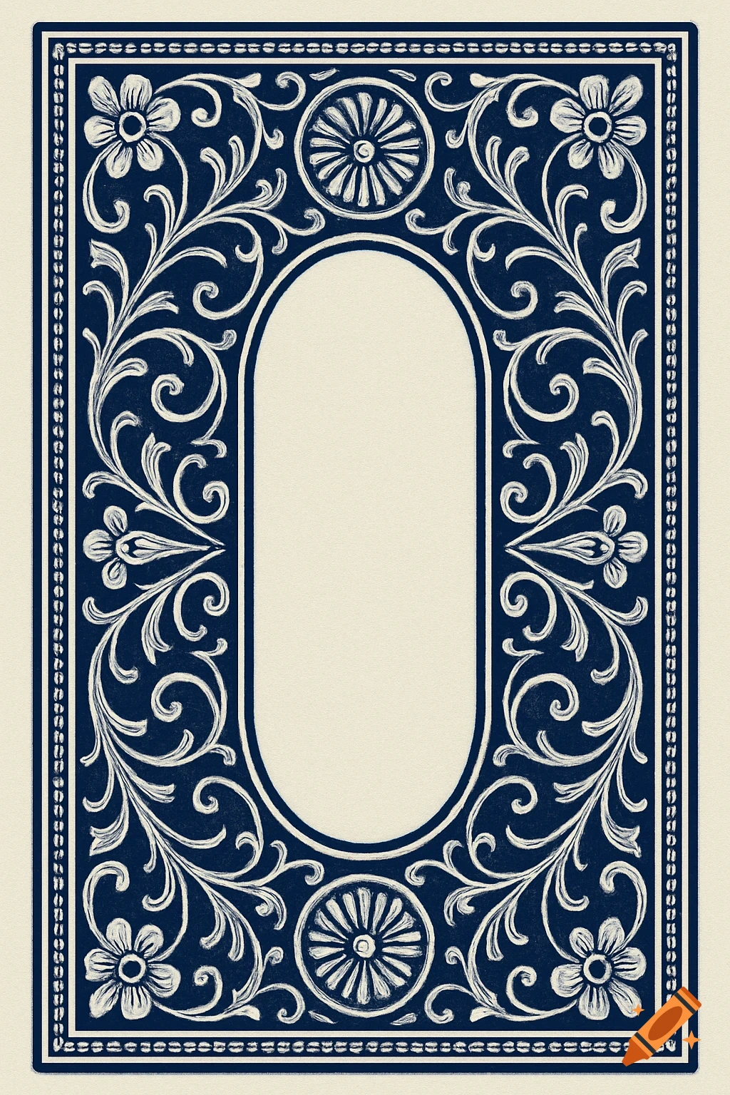 Intricate dark blue and white floral and scrollwork border around a vertical white oval on a cream background.