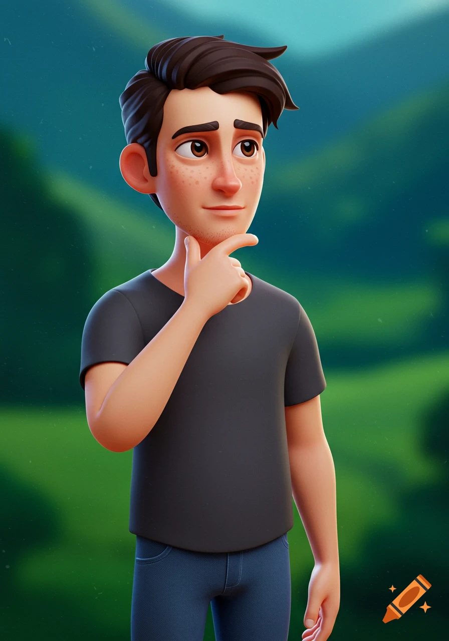 Stylized 3D render of a man with freckles looking thoughtful, hand on chin