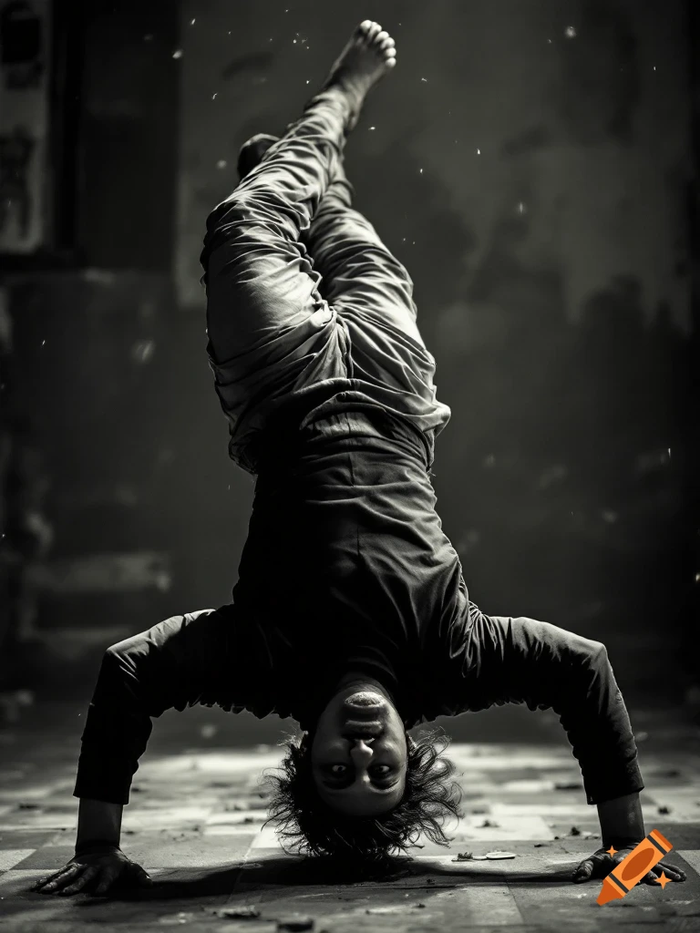 Dramatic black and white photo of a person doing a headstand.