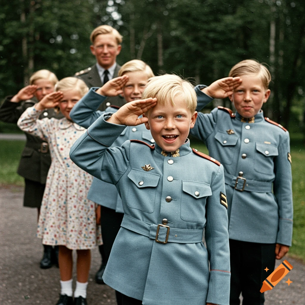 Vintage photo of children and an adult in uniform saluting