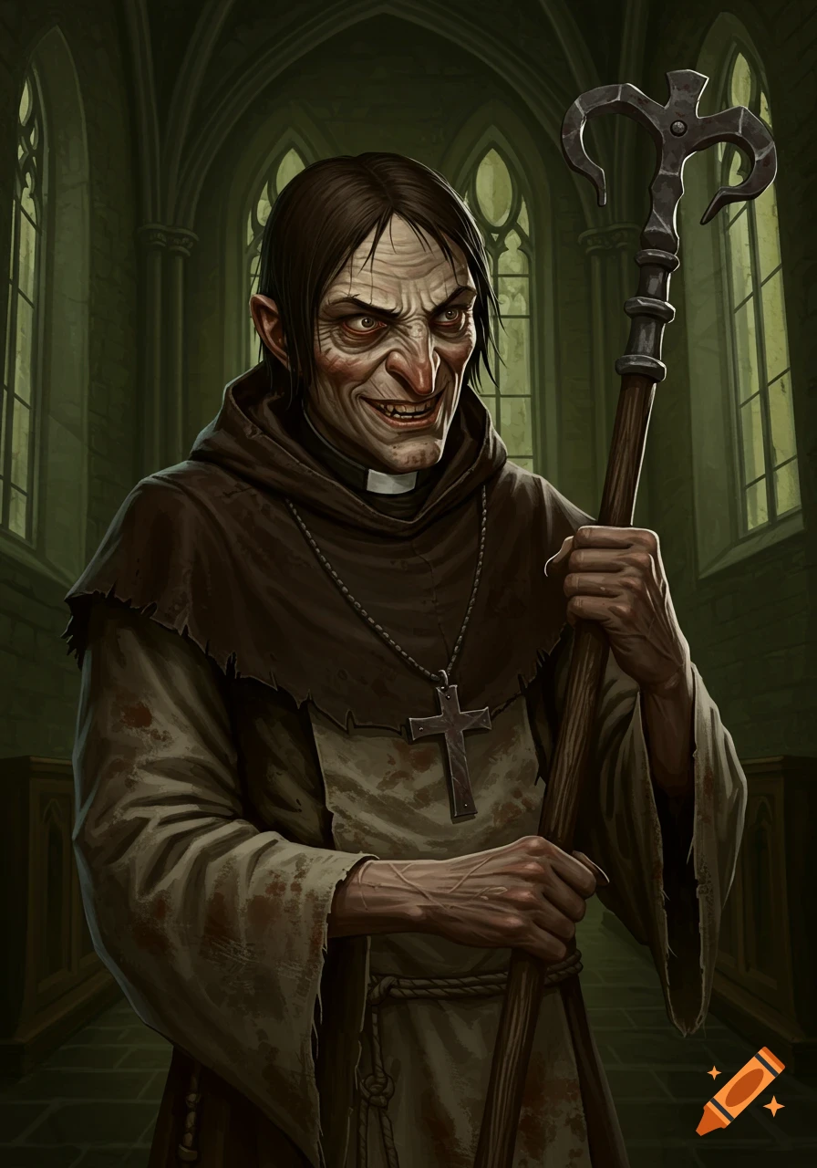 A mean-looking medieval priest holds a staff in a church.