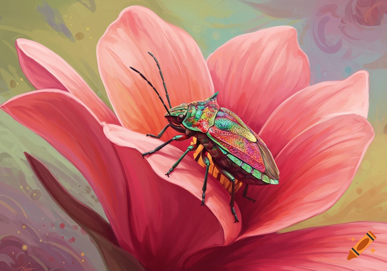 A close-up photo of a colourful jewel bug on a pink flower.