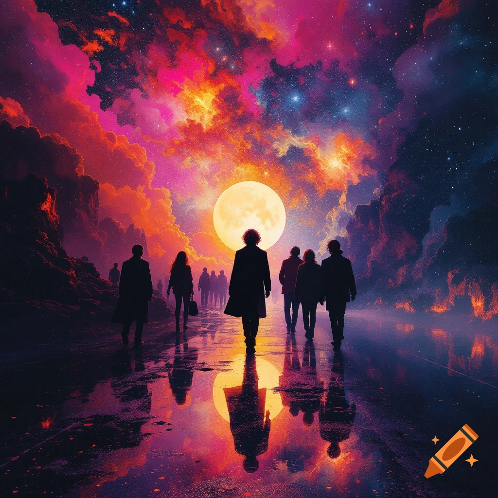Silhouettes of people walk on a reflective surface toward a large moon under a vibrant starry sky.
