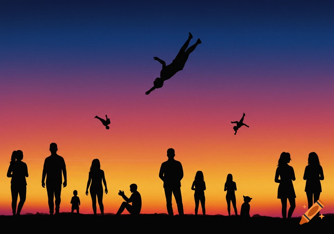 Silhouettes of people standing and falling against a sunset sky.