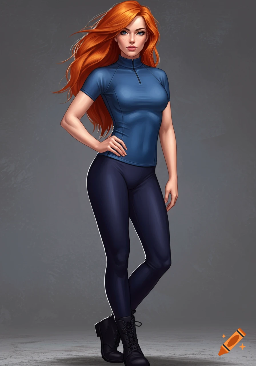 A woman with red hair wearing a blue short sleeve shirt and black leggings.
