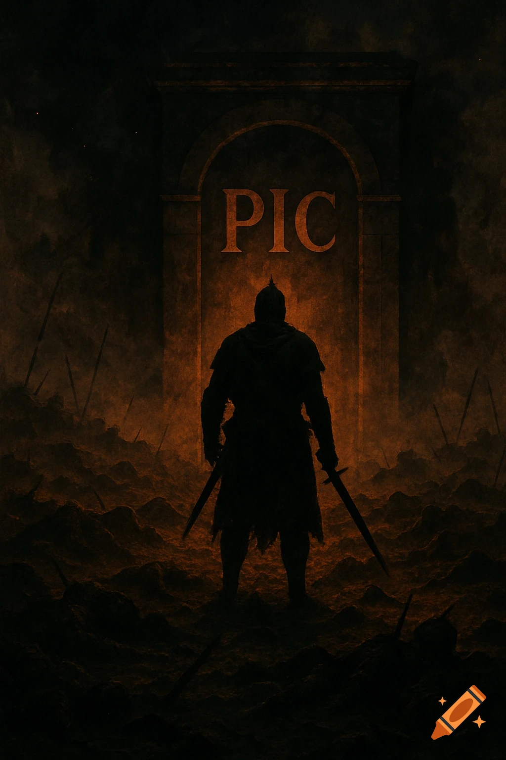 A dark silhouette of a warrior stands in a battlefield before a door with 'PIC' engraved on it