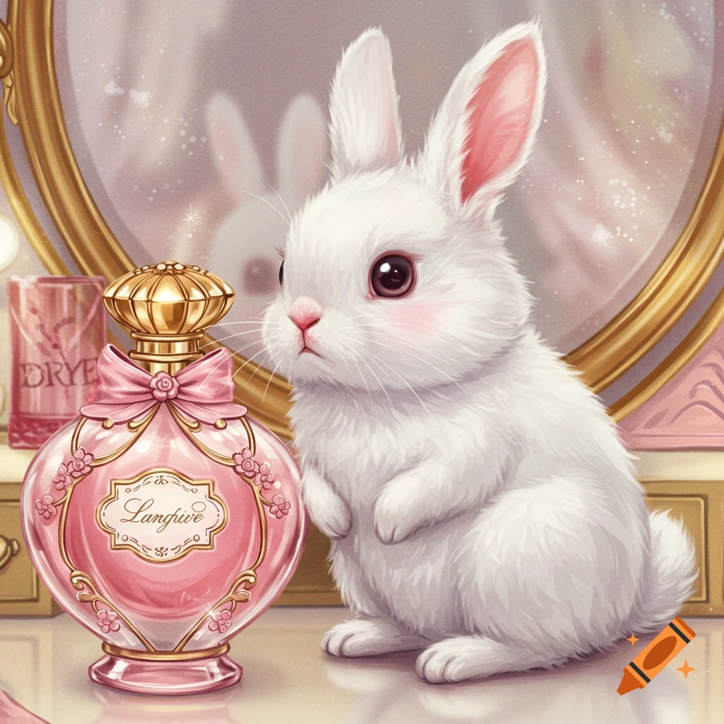 A cute white bunny sits next to a pink heart-shaped perfume bottle on a vanity table.