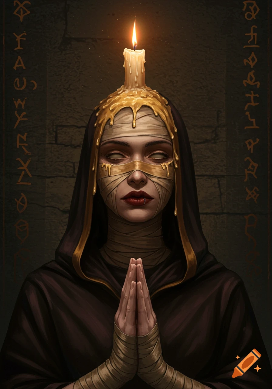 A bandaged priestess holds a candle atop her head, her hands clasped in prayer, with symbols adorning the wall behind her.