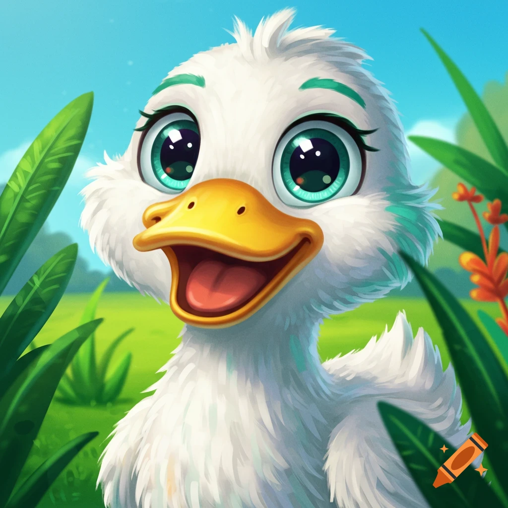 A cartoon duckling smiling among green leaves.