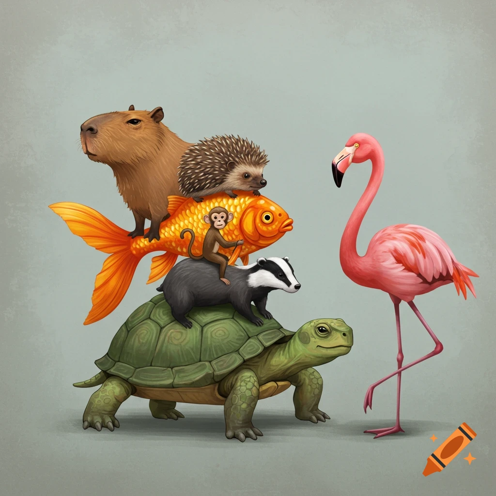 Animals are stacked one on top of the other: capybara, hedgehog, goldfish, monkey, badger, and turtle, next to a flamingo.