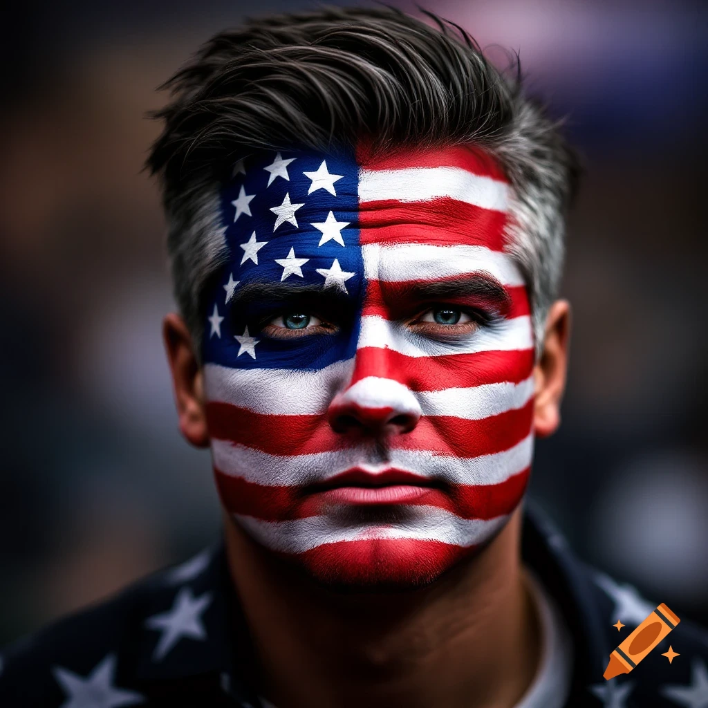 Close-up photorealistic portrait of a man with the US flag painted on his face