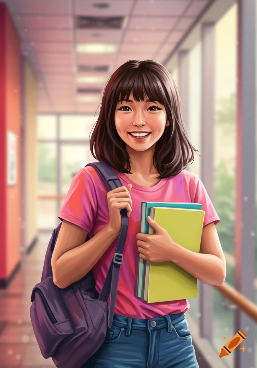 A smiling female college student holding books in a school hallway.