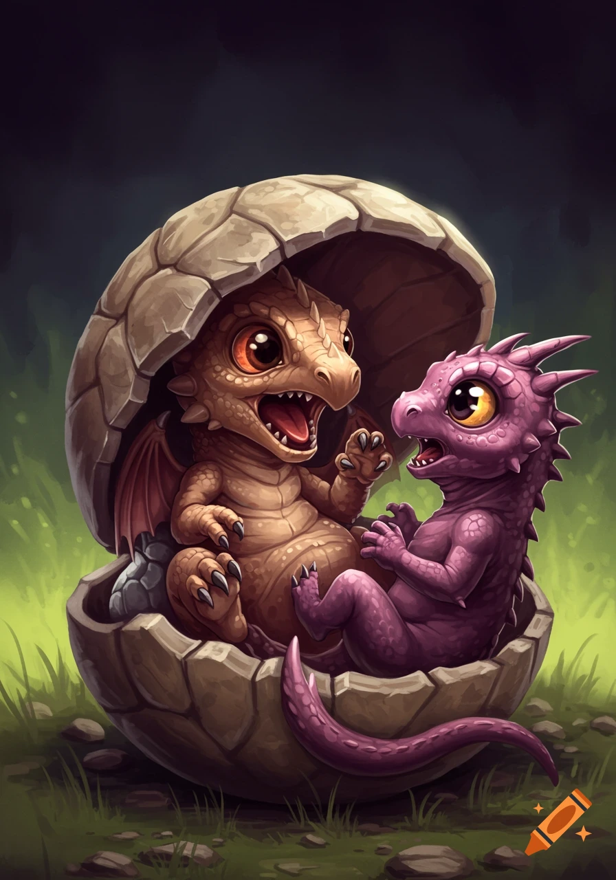 Two baby dragons hatching from a cracked eggshell.