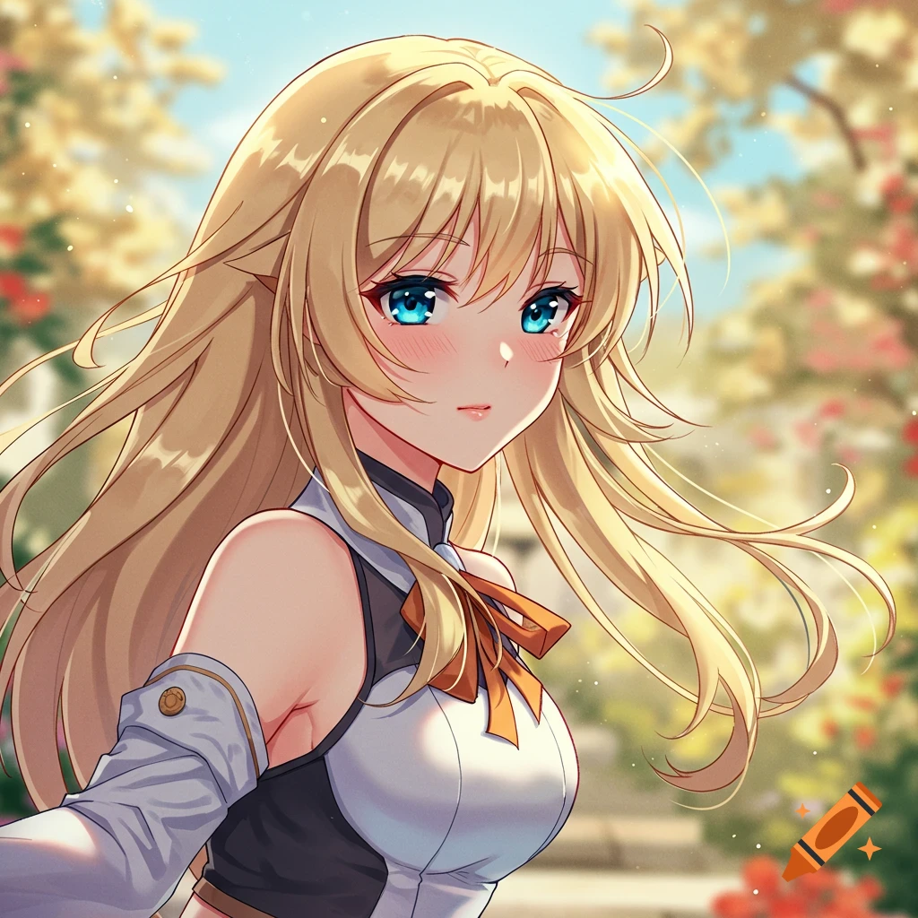 Anime portrait of a blonde female with blue eyes outdoors.