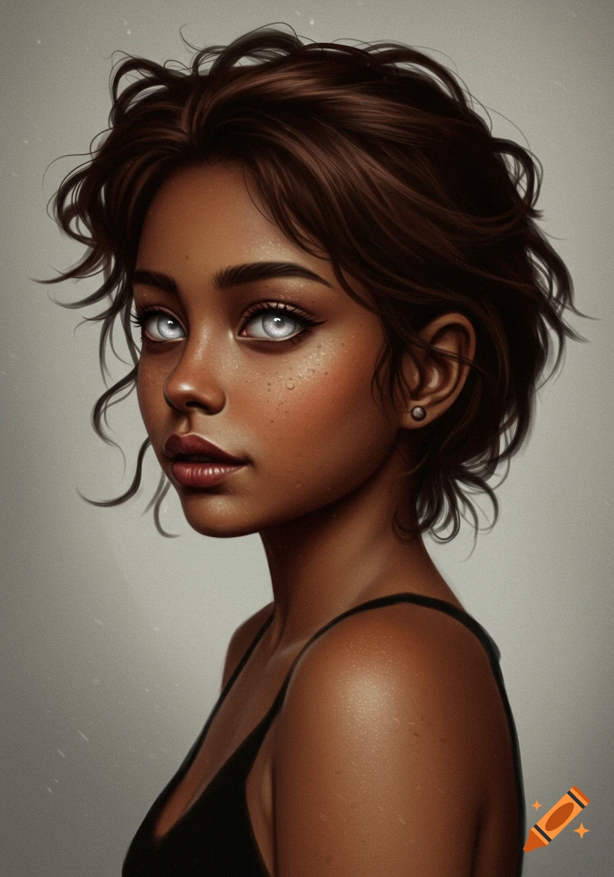 Close-up portrait of a young woman with olive skin, dark messy hair, and stylized silver eyes, wearing a black tank top.