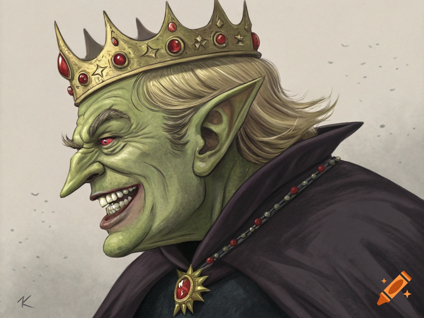 Illustration of a green-skinned goblin caricature wearing a crown and cape, laughing manically.