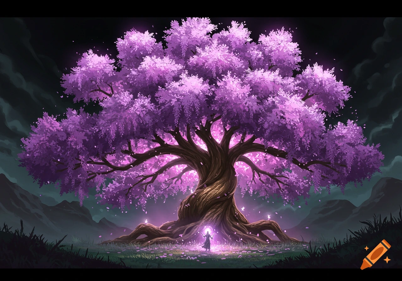 A gigantic purple tree with glowing flowers and roots, with a small magical figure standing beneath it in a landscape.