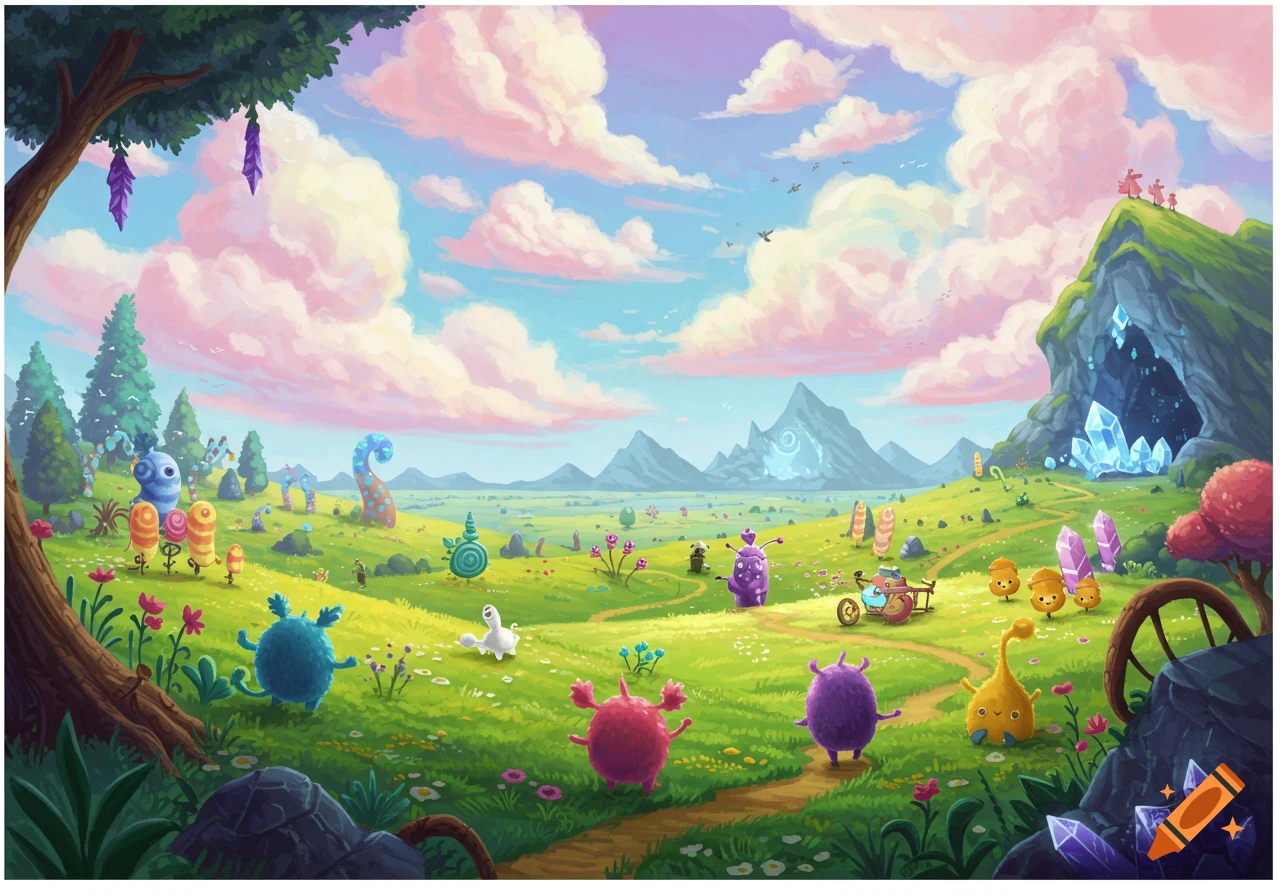 A colorful whimsical alien landscape with cartoon-like creatures.