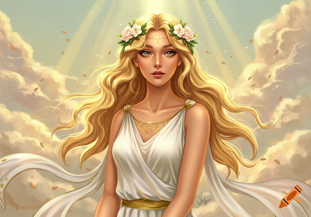 A woman in a white dress and floral crown in a sky with clouds and light rays.